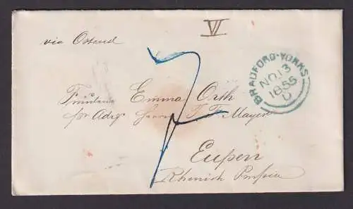Großbritannien Brief Bradford Yorks via Osende n. Eupen rote K1 RL 1855 + roter