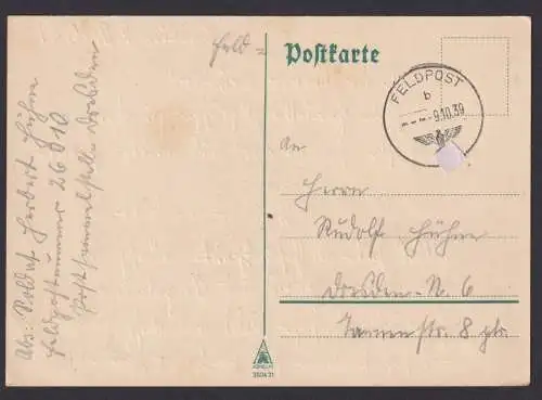 Besetzung Polen Generalgouvernement Postkarte stummer Feldpost K1 9.10.1939