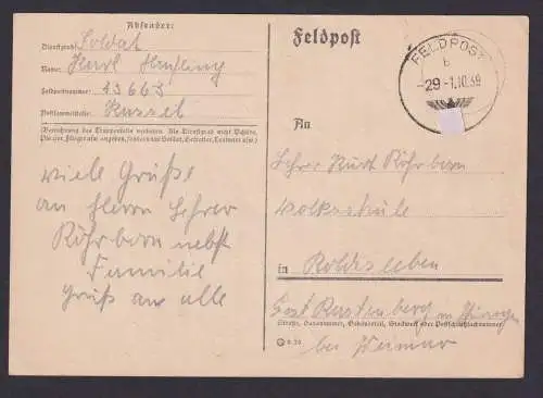 Besetzung Polen Generalgouvernement Feldpost 29 Postkarte ..bei Weimar 1.10.1939