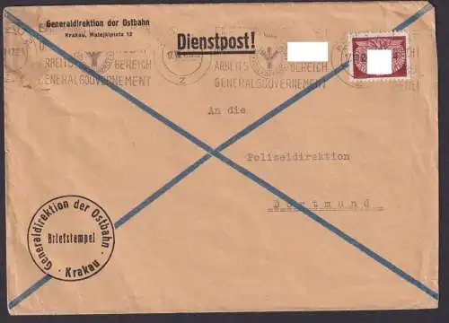 Bahnpost Besetzung Polen Generalgouvernement Brief Dienstpost Krakau Dortmund