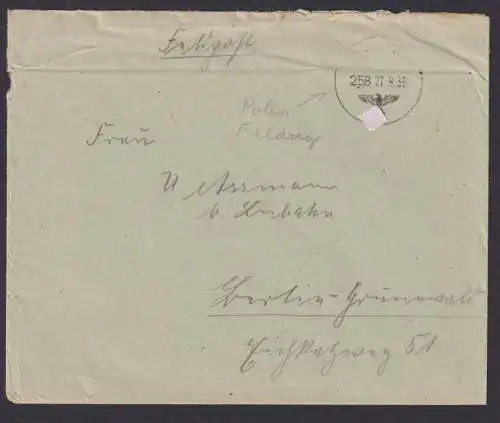 Besetzung Polen Generalgouvernement Feldpost Brief Feldpostnummer 36038 Lublin