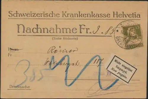 Postsache Schweiz Nachnahmekarte EF 139x Tell Zürich 1920 Zettel nicht eingelöst