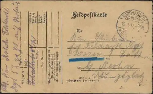 Vordruck Feldpostkarte K2 Nordhastedt Schelswig Holstein n. Berlin I. Weltkrieg