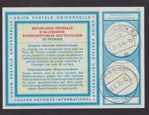 München 32 Utrecht Bundesrepublik Int. Antwortschein 75 Pfg. République Fédérale