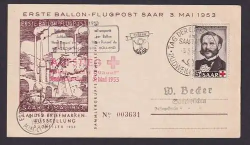 Saar Erste Ballon Flugpost Henri Dunant mit Bestätigungsstempel + SST Philatelie