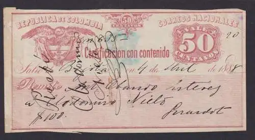 Colombia Kolumbien Südamerika Geldbrief - Versicherungsschein 50 Cetavos v. 1888