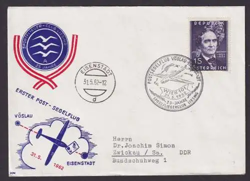 Flugpost Brief Air Mail Österreich Sportflieger Club Liesing 1. Post Segel Flug