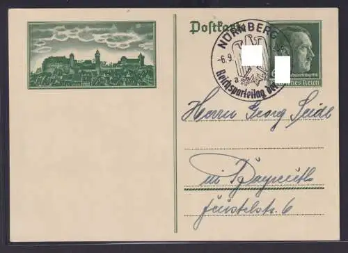 Ganzsache Hitler Sonderstempel Nürnberg Reichsparteitag Deutsches ReichBayreuth