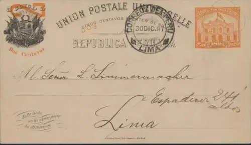 Peru Ganzsache postal stationery P 32 mit Eindruck Neujahr Lima 30.12.1897