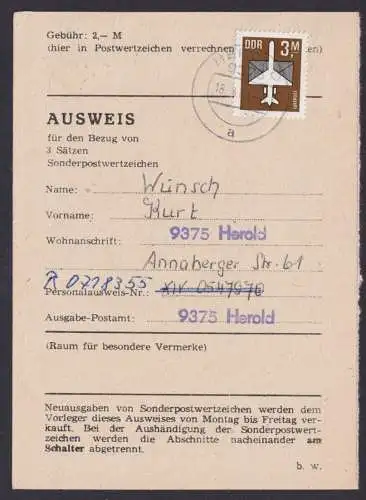 DDR Herold frankierte Ausweiskarte mit EF 2868 3 Mark Flugpost