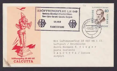 Berlin Bund Brief Flugpost Airmail EF 40 Pfg. Männer Hamburg Calcutta Indien