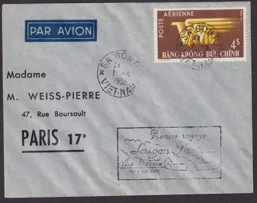 Flugpost Brief Air Mail Asien Vietnam Erstflug Saiggon Paris Frankreich 1.4.1955