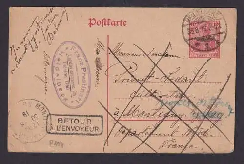 Deutsches Reich Heidelberg n. Montigny-en-Cambrésis Clary + Retour Stempel 1919