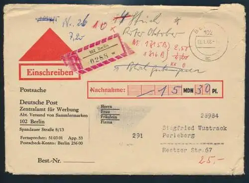 Berlin Brief Nachnahme Einschreiben als Postsache nach Perleberg 18.01.1968