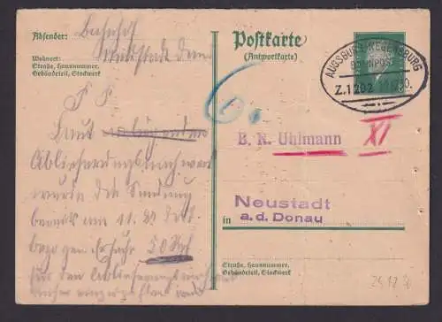 Bahnpost Augsburg Regensburg Deutsches Reich Ganzsache P 183 Antwort Zug 1202