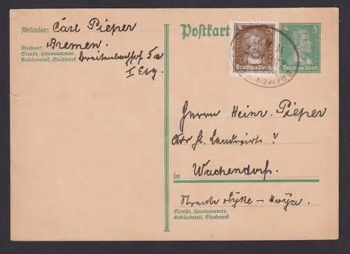 Bahnpost Bremen Ganzusache berühmte Deutsche + ZUF nach Wachendorf 11.8.1927