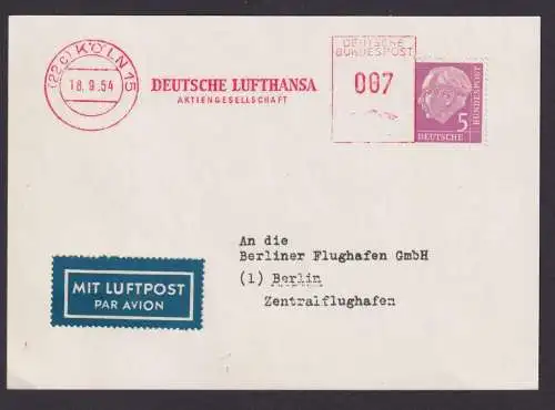 Flugpost Brief Air Mail Bund AFS Absenderfreistempel Lufthansa plus ZuF Heuss