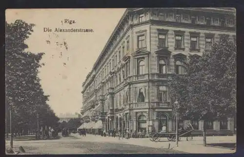 Foto Ansichtskarte Riga Lettland Alexanderstrasse Feldpost Pferdefuhrwerk