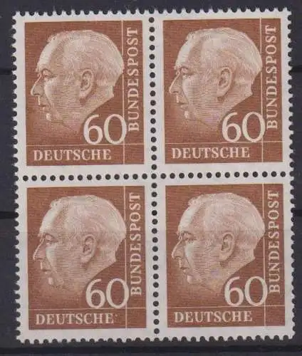 Bund 262 Heuss 60 Pfg. im Viererblock Luxus postfrisch MNH KatWert 80,00++