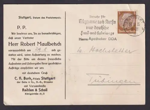 Deutsches Reich Postkarte Stuttgart SST Deutsche Funk u. Kabelwege Tübingen