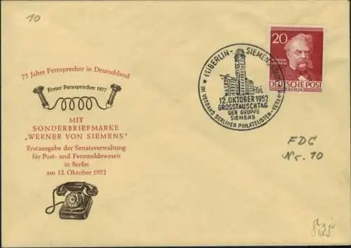 Berlin 20 Pfg. Männer als FDC vom 12.10.1952 Motiv Siemens Erfinder + Philatelie