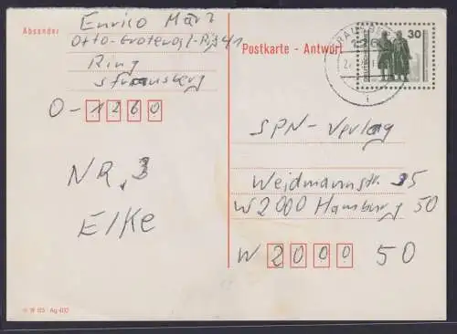 DDR Ganzsache P 108 A Antwort Goethe Schiller Denkmal Strausberg nach Hamburg