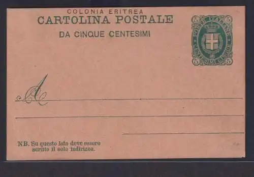 Eritrea Ostafrika Italien Kolonien Gansache Postkarte 5 c. grün P 1