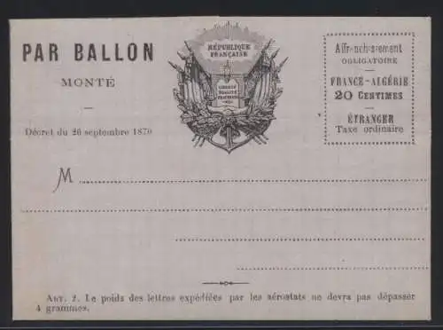 Flugpost air mail Ballonpost Ballon Monte Frankreich France 20 c. Faltbrief von