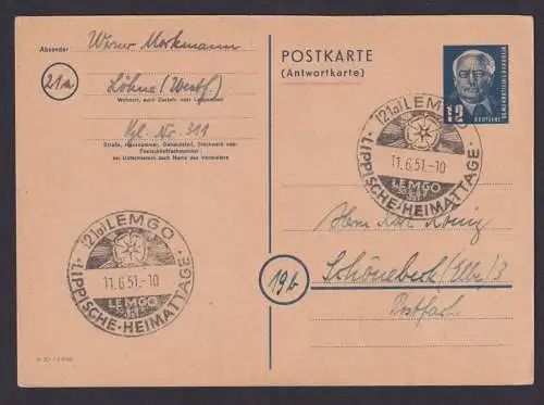 DDR Ganzsache Pieck P 46 Antwort guter SST Lemgo Lippishe Heimattage Schönebeck