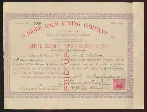 Aktien Shares Gold Australien Goldmine Niobe Gold Mining Company Smithfield 1893