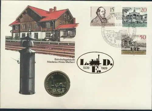 DDR Numisbrief Bahnhofsgebäude Niederau Kreis Meißen Eisenbahn 1989 mit 5M-Münze