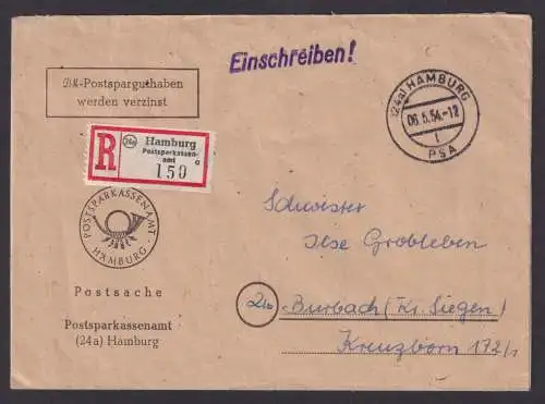 Postsache Bund R Brief Sonder R-Zettel Hamburg SST Postsparkassenamt Burbach