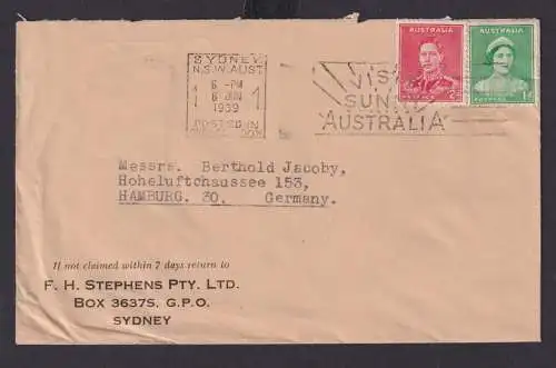 Australien Ozeanien Brief MIF inter. Masch.SST Sydney Hamburg 1939