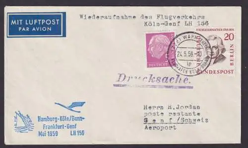 Flugpost Brief Air Mail MIF Bund Heuss + Berlin Wiederaufnahme des Flugverkehrs