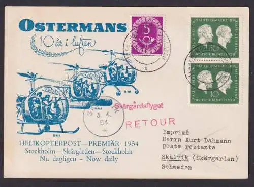 Flugpost Air Mail Helikopter Post MIF Posthorn Hamburg Skälvik Schweden 1954