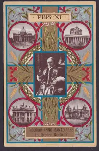 Ansichtskarte Künstlerkarte Porträt Papst Pius XI Gold und Silberauflage