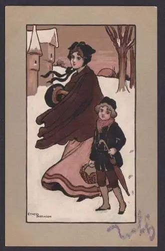 Ansichtskarte Künstlerkarte Sign. Ethel Parkinson Frau mit Kind Winterlandschaft