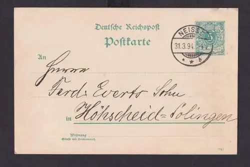 Briefmarken Neisse Deutsches Reich K2 auf Ganzsache 5 Pfg. n Höhscheid Solingen