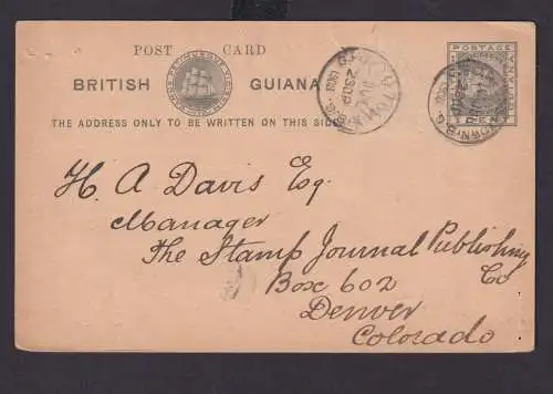 British Guiana Ganzsache 1 cent grau nach Denver Colorado USA