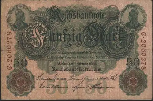 Geldschein Banknote Deutsches Reich Reichsbanknote 50 Mark 32 C 7.2.1908 II