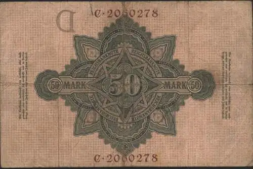 Geldschein Banknote Deutsches Reich Reichsbanknote 50 Mark 32 C 7.2.1908 II