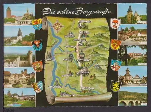 Ansichtskarte Bergstraße Hessen Baden-Württemberg Karte und Stadtbilder Wappen