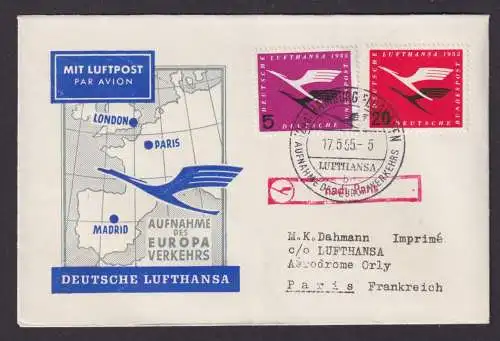 Flugpost Brief Air Mail Bundesrepublik Lufthansa Hamburg Paris Frankreich 1955