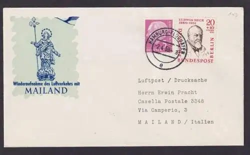 Berlin Bund Brief Flugpost Airmail MIF Heuss + Männer Hamburg Mailand Italien