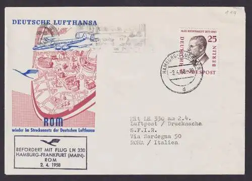 Berlin Bund Brief Flugpost Airmail EF 25 Pfg. Männer Hamburg Rom Italien Flug