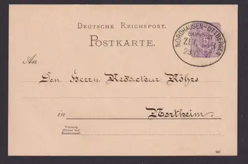 Bahnpost Nordhausen Ottbergen Deutsches Reich Zug 156 28.12.1887 Ganzsache