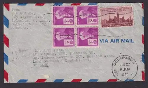 Flugpost Brief Air Mail USA Viererblock Columbus Ohio Leipzig Sachsen Russische