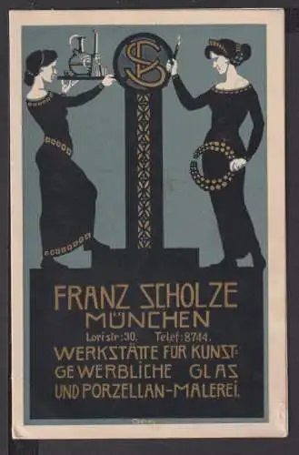 Jugendstil Künstlerkarte Franz Scholze München Werkstätte für Kunstgewerbliche