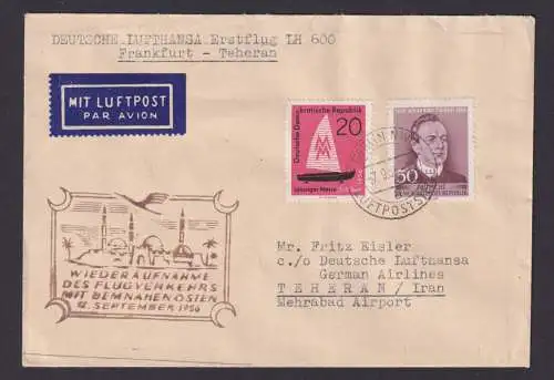 Flugpost Brief Air Mail Lufthansa LH 600 Frankfurt Teheran Iran DDR Zuleitung