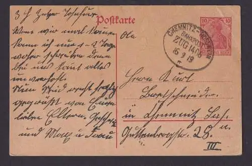 Bahnpost Chemnitz Rosswein Deutsches Reich Zug 1406 Sachsen 16.9.1919